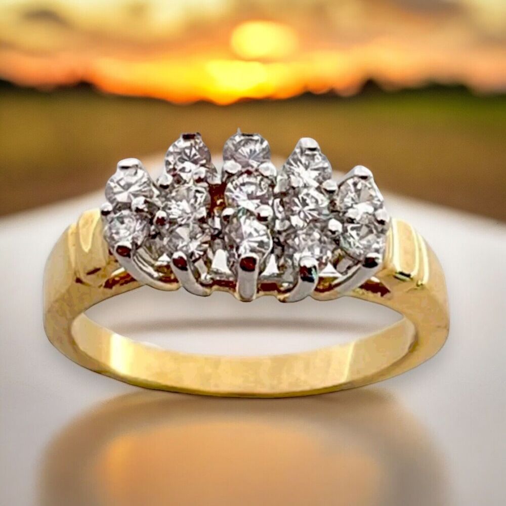Vintage 1970s Ring Size 7 CZ Cluster Prong Set Gold Plated Cocktail - 14H